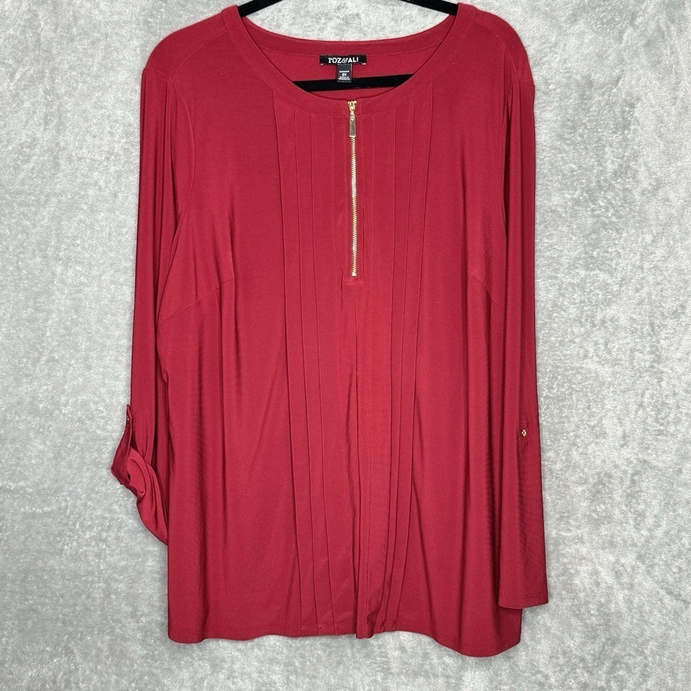 Roz & Ali 2X Shirt Top Burgundy Red Solid Tab Long Sleeve Zip Scoop Neck Stretch
